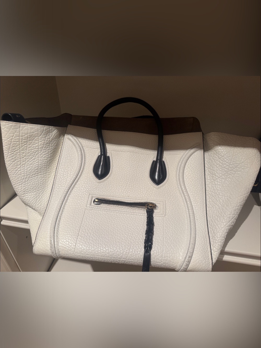 Celine Phantom large White Leather Tote Bag with Black Handles